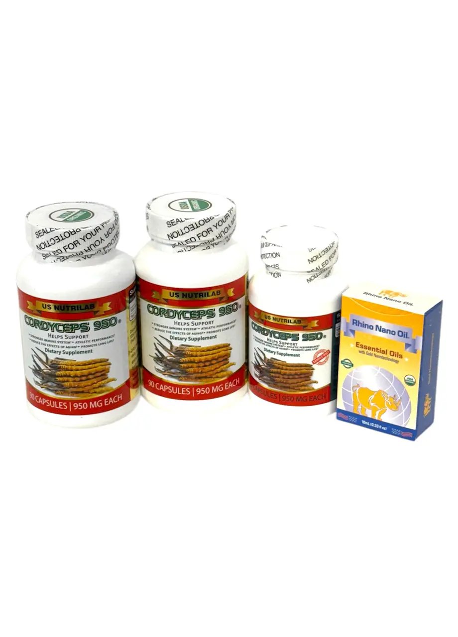 Combo Đông Trùng Hạ Thảo 950 - Combo Cordyceps 950 (Combo: 2 Bottle 90 Capsules + 20 Capsules + 1 Rhino Nano Oil / Combo Gồm: 2 Lọ 90 Viên + 1 Vỉ 20 viên= 200 viên, Và Tặng 1 Chai Dầu Tê Giác USA